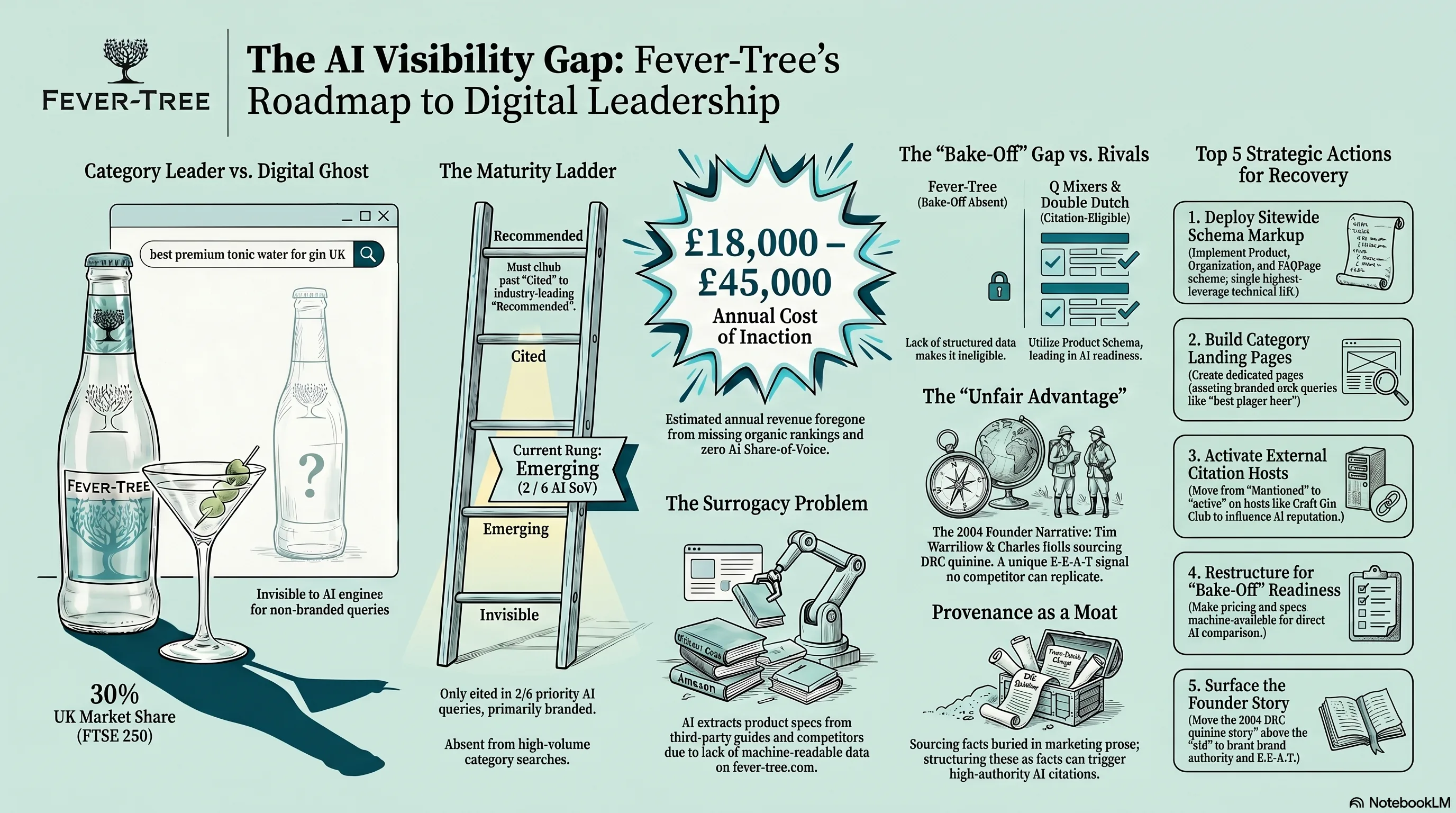 Fever-Tree branded intelligence infographic. Example client deliverable showing audit findings visualised in brand colours.
